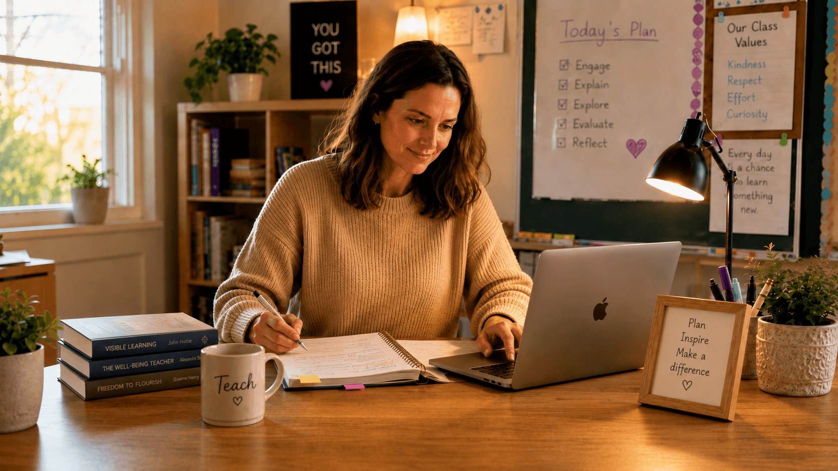 Teacher planning with a handwritten planner at a classroom workspace desk